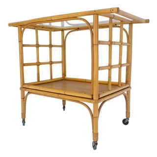 Fine Bamboo c1970s 2 Tier glass Top Serving Bar Cart on Wheels Mid Century MINT! For Sale