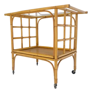 Fine Bamboo c1970s 2 Tier glass Top Serving Bar Cart on Wheels Mid Century MINT!