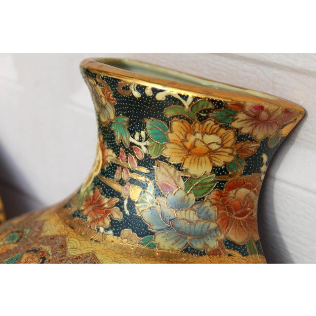 Pair of Vintage Japanese Royal Satsuma Wall Pocket Vases - Hand-Painted Porcelain Fan-Shaped With Geisha & Floral Motifs For Sale - Image 15 of 18