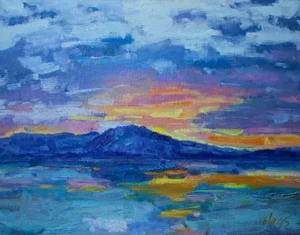 Maui Sunset Over Molokai, Oil Painting Seascape