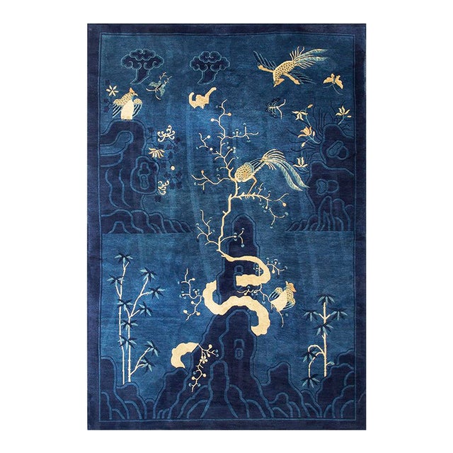 1920s Antique Deep Blue Field Pictorial "Shan Shui" Knotted Chinese Peking Rug For Sale