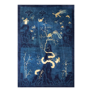 1920s Antique Deep Blue Field Pictorial "Shan Shui" Knotted Chinese Peking Rug