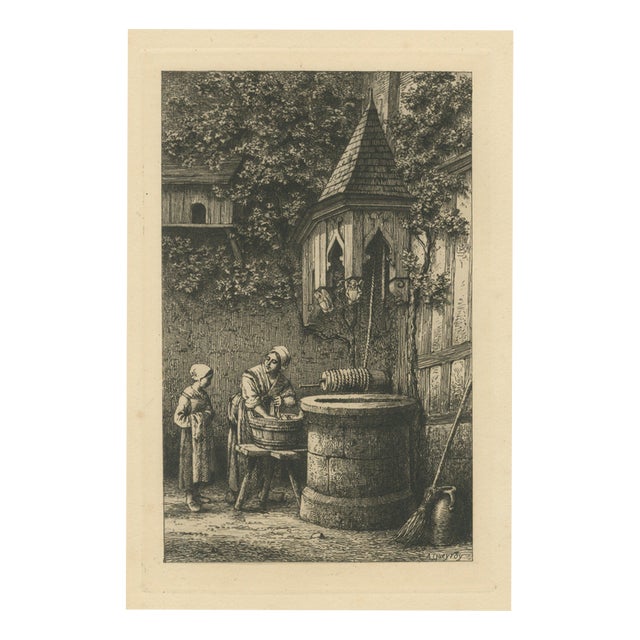 Armand Queyroy, Courtyard Well with Washerwoman and Girl, 1875, Etching For Sale