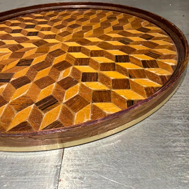 Wood Antique Round Service Tray or Tabletop Geometric Parquetry Wood For Sale - Image 7 of 10