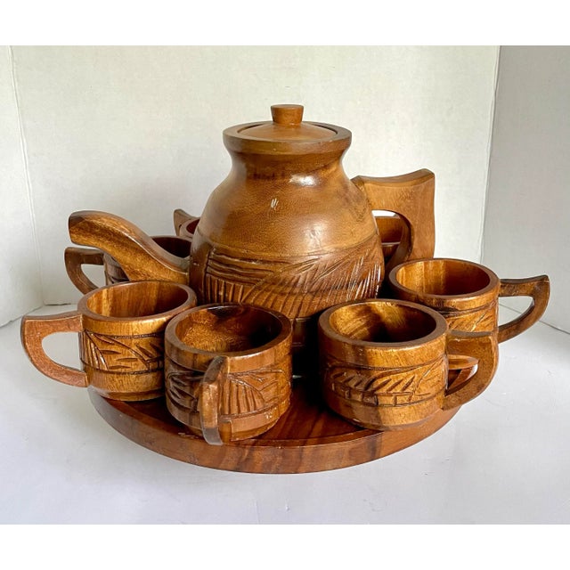 Mid 20th Century 10 Piece Hand-Carved Wooden Tea Set With Tea Kettle, Mugs and Stand For Sale - Image 5 of 11