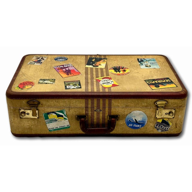 Metal Vintage 1940s Travel Size Tweed Suitcase With Nice Assortment of World Grand Tour Locations Paper Labels For Sale - Image 7 of 18