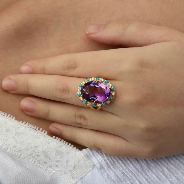 Contemporary Nina Zhou Amethyst Turquoise Diamond Vintage-Style Cocktail Ring in 14k Yellow Gold Ring, size 10 For Sale - Image 3 of 8