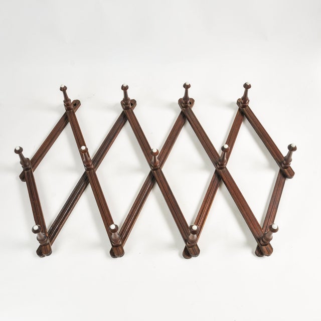 Brown Antique Accordion Peg Holder With Porcelain Caps | Wall Mount Early 1900's Expandable Peg Rack For Sale - Image 8 of 14