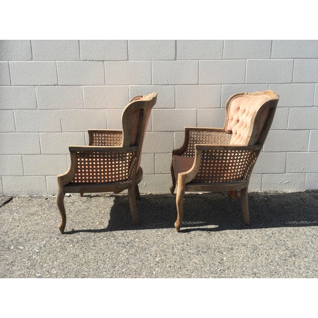 Vintage French Provincial Style Caned Tufted Armchair Set Heavy Wear For Sale - Image 4 of 9