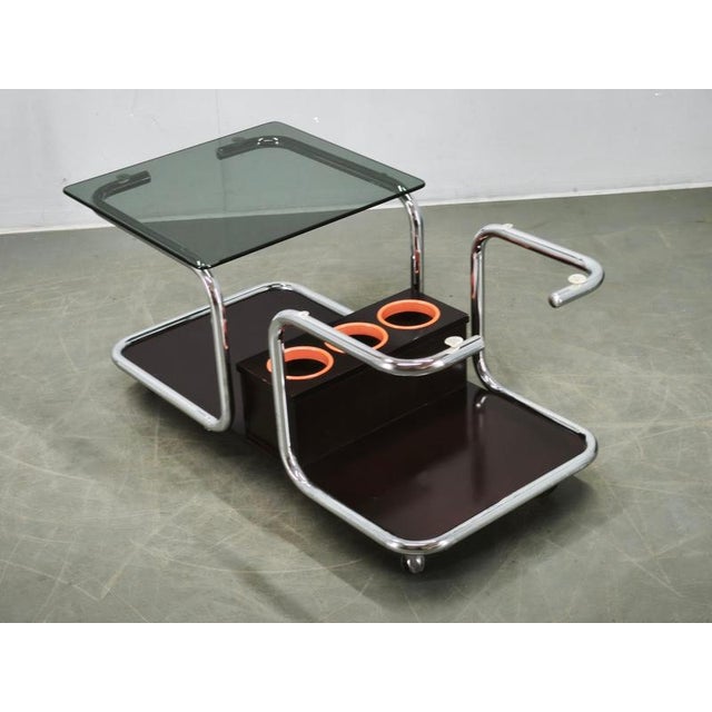 Space Age Chrome, Smoked Glass and Wood Bar Cart, 1970s For Sale - Image 3 of 15