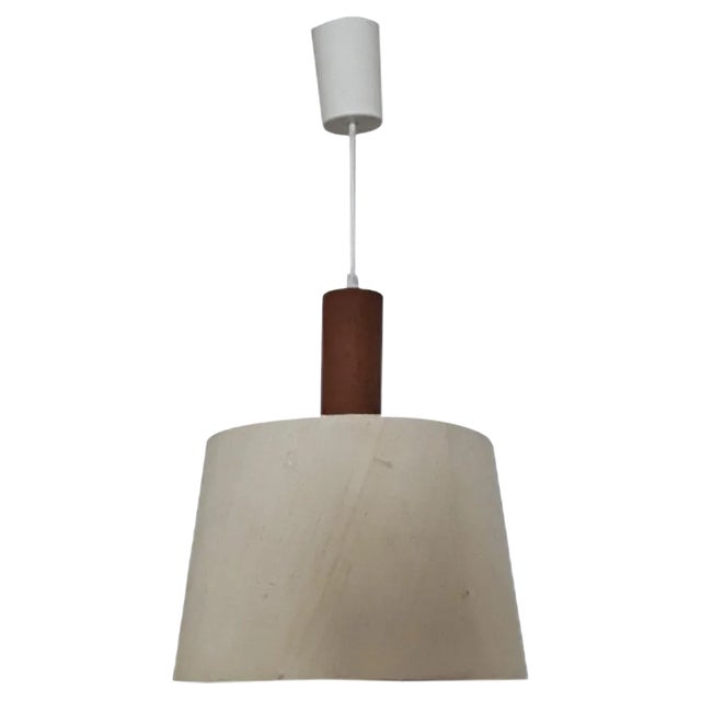Teak Ceiling Lamp with Beige Wool Shade, 1970s For Sale