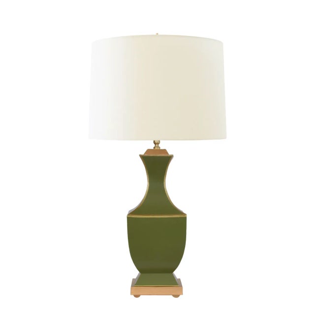 New special order item. Not vintage or pre-owned. Handpainted Tole table lamp in olive with gold details and cream silk...