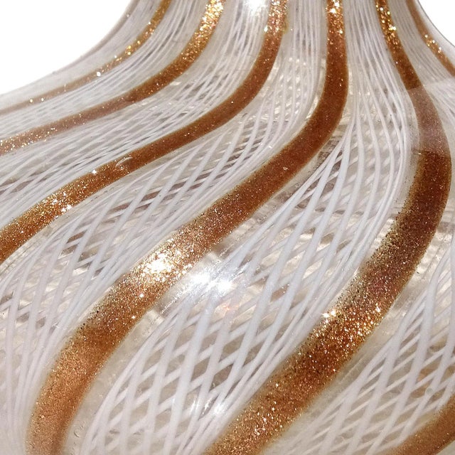 Mid 20th Century Vintage Fratelli Toso Murano White Copper Aventurine Ribbons Italian Art Glass Soliflore Flower Vase For Sale - Image 5 of 7