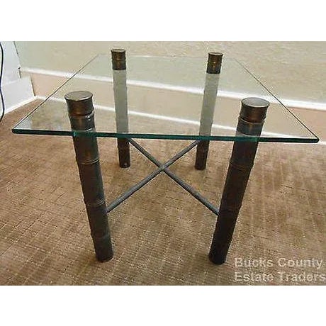 Vintage MidCentury Hollywood Regency Faux Bamboo Brass Based Glass Top End Table For Sale - Image 12 of 13