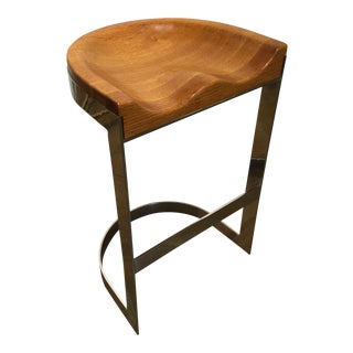 Warren Bacon Chrome Bar Stool, Sculpted Oak Seat For Sale
