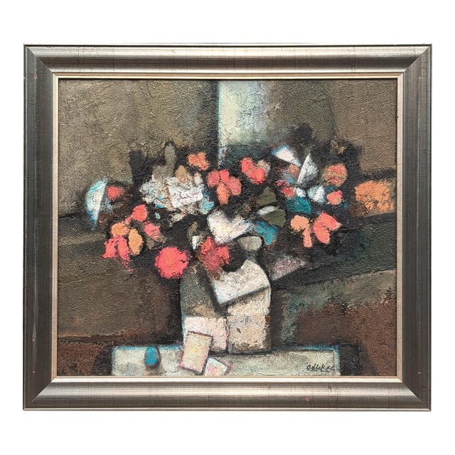 David Adickes "Large Bouquet" Modern Abstract Red, Blue, & Gray Floral Still Life Painting, 2008 For Sale