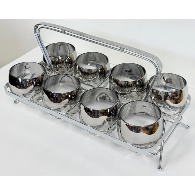 Mid-Century Modern Vintage Dorothy Thorpe Silver Fade Roly Poly Glasses in Caddy For Sale - Image 3 of 11