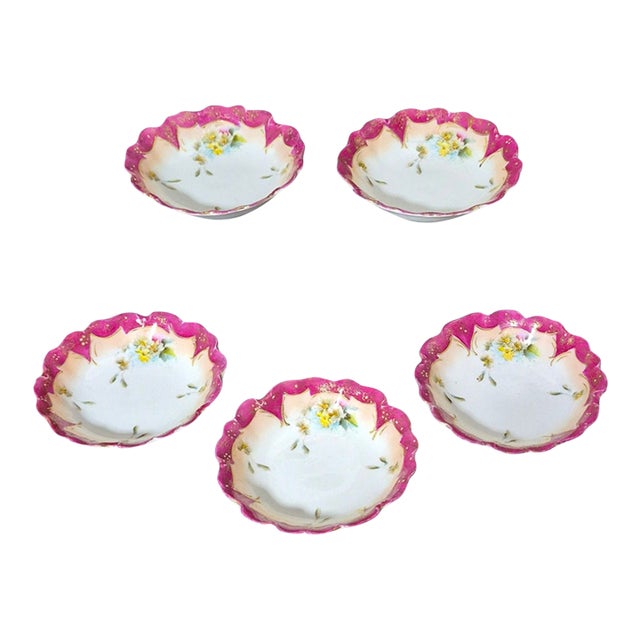 Antique Victorian Fine Porcelain Scalloped Edge Painted Floral Berry - Set of Five Bowls For Sale