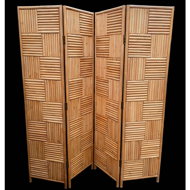 Mid 20th Century Vintage Organic Modern Rattan & Bamboo Geometric Four-Panel Folding Screen, 1970s Coastal Chic For Sale - Image 5 of 5