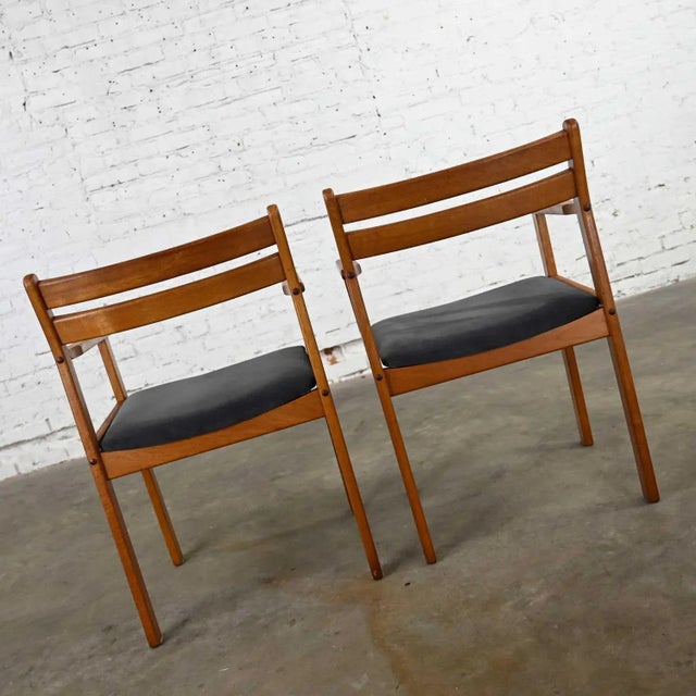 Scandinavian Modern Teak Armchairs With Brushed Charcoal Fabric Seat Cushions, a Pair For Sale - Image 6 of 13
