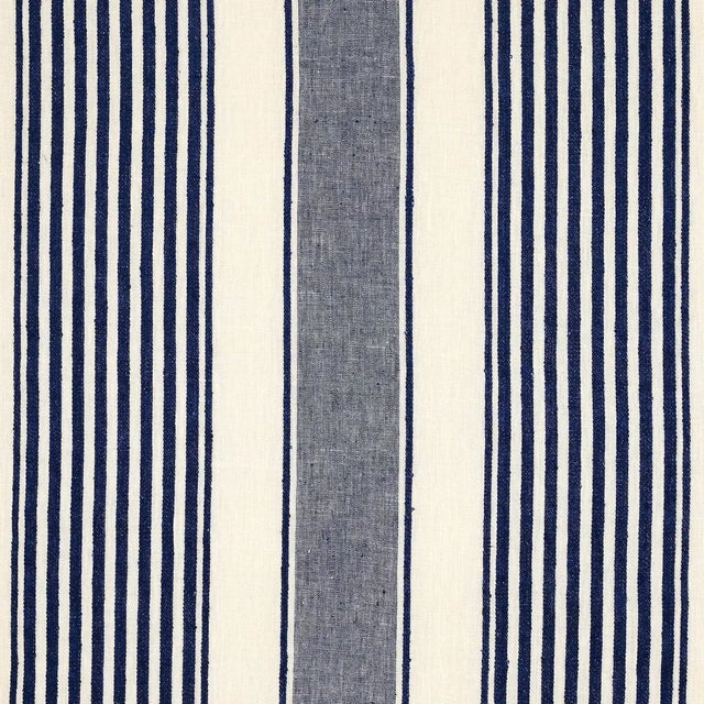 Sample - Schumacher Summerville Linen Stripe Fabric in Navy For Sale