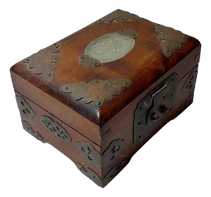 Chinese Rosewood Strongbox With Jade and Brass, Circa 1920s