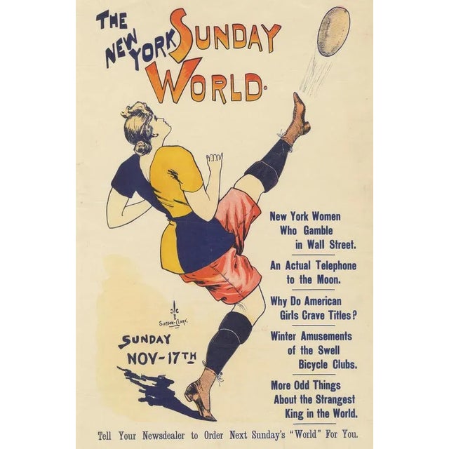 Late 19th Century Vintage New York Sunday World Poster, Woman Kicking Football, 1895 For Sale - Image 5 of 9