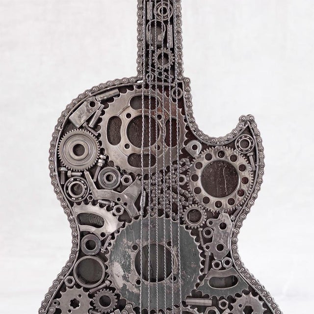 Handcrafted Recycled Metal Guitar Sculpture with Industrial Gears by Azele Studio For Sale - Image 9 of 11
