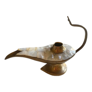 MCM Indian Brass With Mother of Pearl Inlay Tiles. Aladdin’s Lamp 1969s Hollywood Regency 6” L X 4” H Aged Patina
