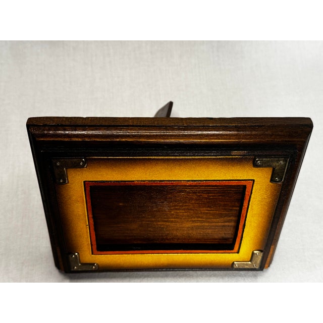 Coffee Vintage Hollywood Regency Campaign Style Golden Yellow Leather and Brass Tabletop Picture Frame For Sale - Image 8 of 11