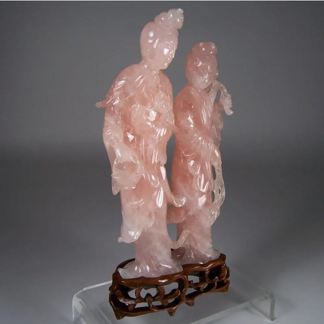 Figurative Antique Rose Quartz Carving of Two Chinese Beauties For Sale - Image 3 of 8