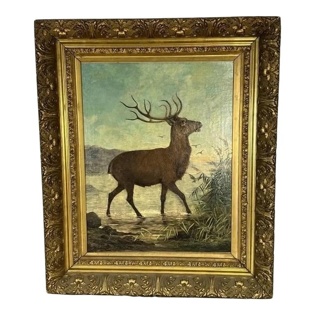 Signed & Dated 1879, Belgian Artist, Charles Boland, Oc Painting of a Stag in Water, Framed For Sale