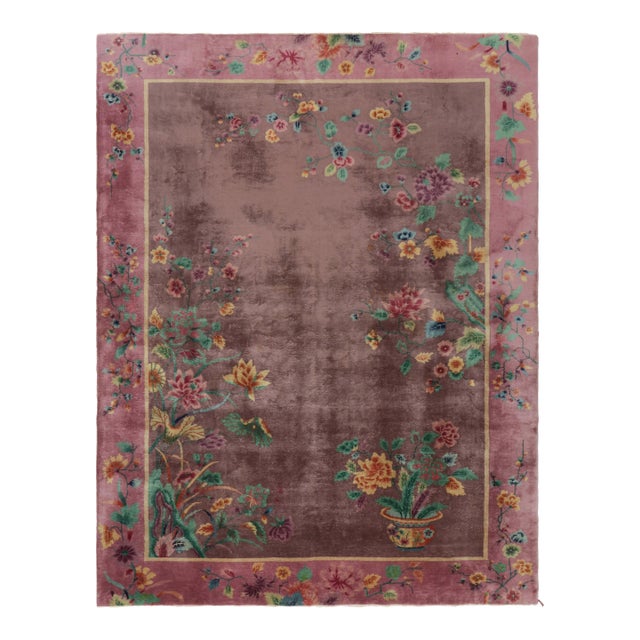 Antique Chinese Art Deco Rug in Purple With Colorful Floral Pattern - Rug & Kilim For Sale