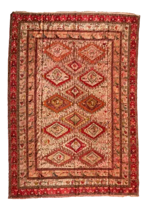 1960s Red Rose Pink Geometic Caucasian Silk Soumak Rug with Birds