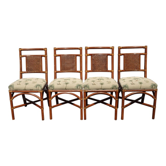 Set of Four McGuire Style Bamboo Cane Dining Chairs Leather Straps For Sale