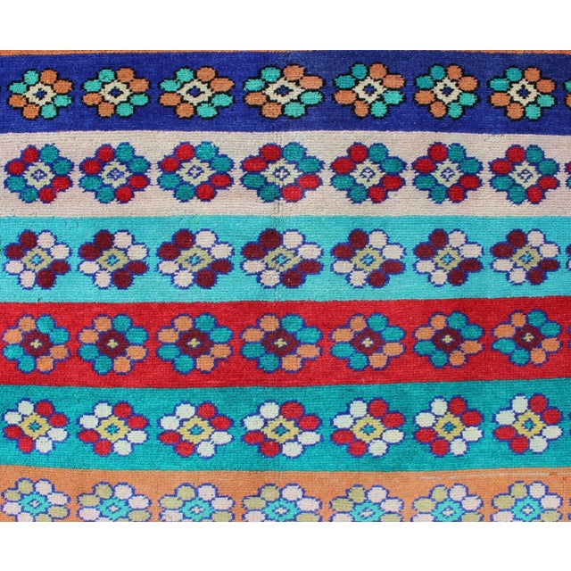 Red Mid-Century Modern Turkish Rug With Multicolored Stripes and Flower Designs For Sale - Image 8 of 12
