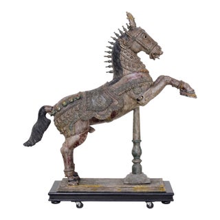 Antique Carved Indian Polychrome Rearing Vahana Horse For Sale