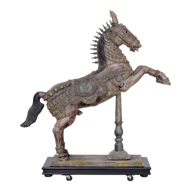 Antique Carved Indian Polychrome Rearing Vahana Horse For Sale