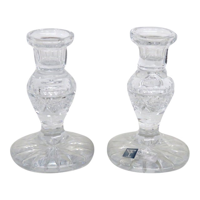 Clear Lead Crystal Candlestick Holders 2pc Pair Fan Cut Made in Yugoslavia 5172b For Sale