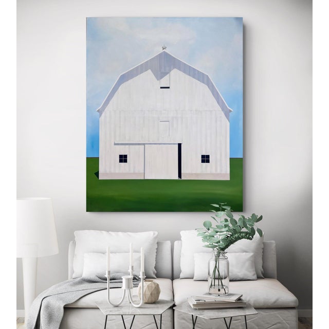 Down in the Valley by Justin Wheatley | Acrylic on Canvas White Barn in Green Field For Sale - Image 9 of 11