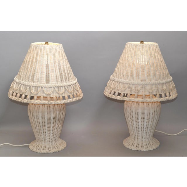 2 Hollywood Regency Vintage White Bleached Handwoven Wicker & Beaded Table Lamp For Sale - Image 13 of 13