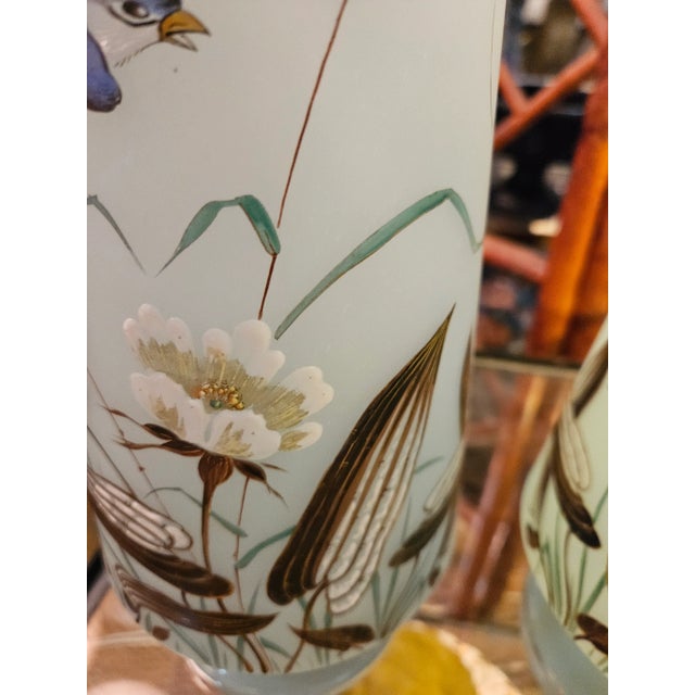 Beautiful Pair of Aesthetic Movemenr Hand Enameled Sea Mist Blue Blown Bristol Glass Vases Depicting Mirrored Bluebirds, Flowers and Grasses. - A Pair For Sale - Image 4 of 5