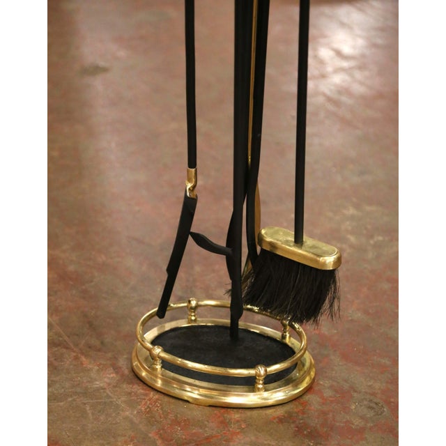 French Mid-Century French Louis XVI Style Brass and Iron Fireplace Tool Set For Sale - Image 3 of 7
