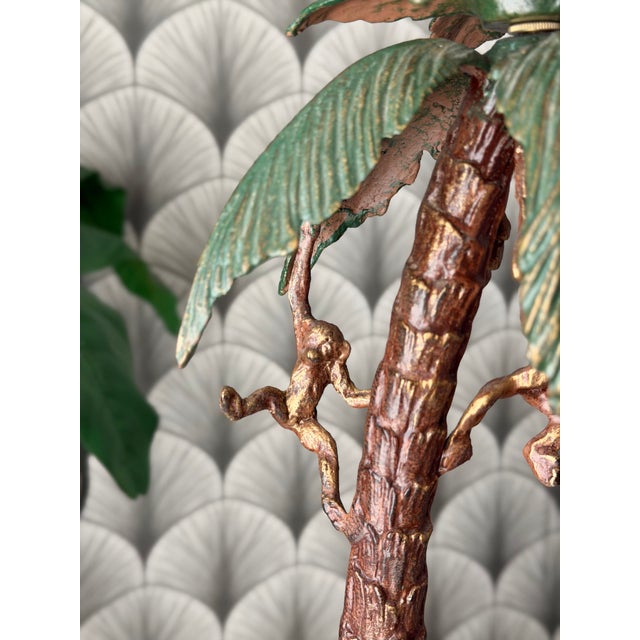 Boho Chic Vintage Tropical Tiki Jungle Safari Banana Palm Tree and Monkey Metal Table Lamp Attributed to Frederick Cooper For Sale - Image 3 of 18