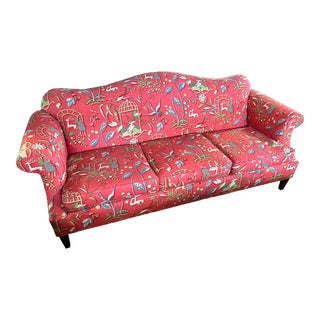 Baker Style Camel Back Sofa Upholstered in Thibaut Providence Red Chinoiserie Print For Sale