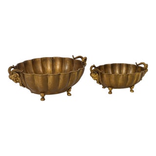 Italian Neo-Classical Style Brass Ram Form Planters or Cachepots Att. Decorative Crafts - S/2 For Sale
