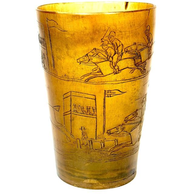 English Georgian Sporting Cow Horn Beaker Depicting a Continuous Steeplechase Race English Georgian Sporting Cow Horn...