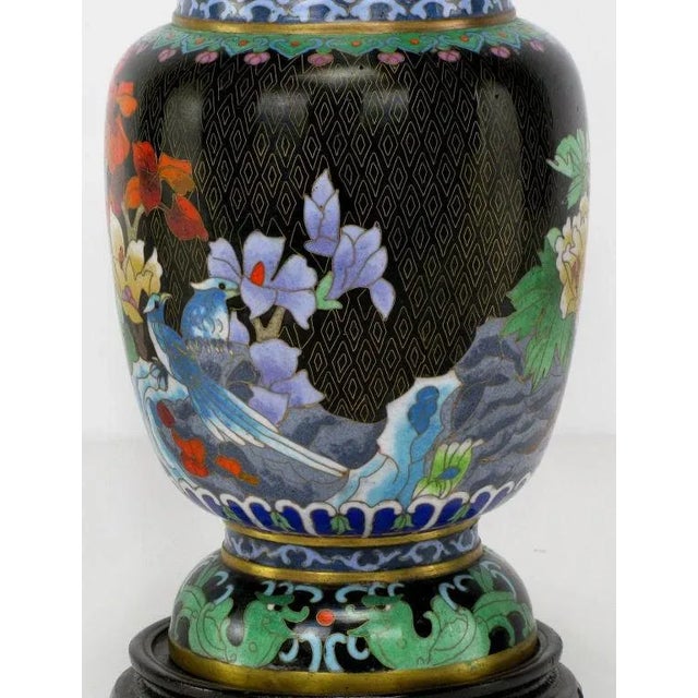 Green Colorful Floral Cloisonne Vases on Carved Bases - a Pair For Sale - Image 8 of 11