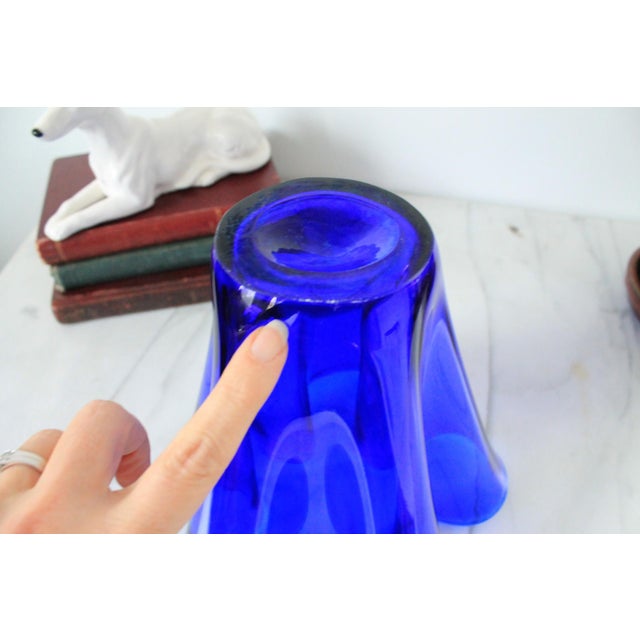 Glass Vintage Hand Blown Handkerchief Ruffled Cobalt Blue Vase For Sale - Image 7 of 8