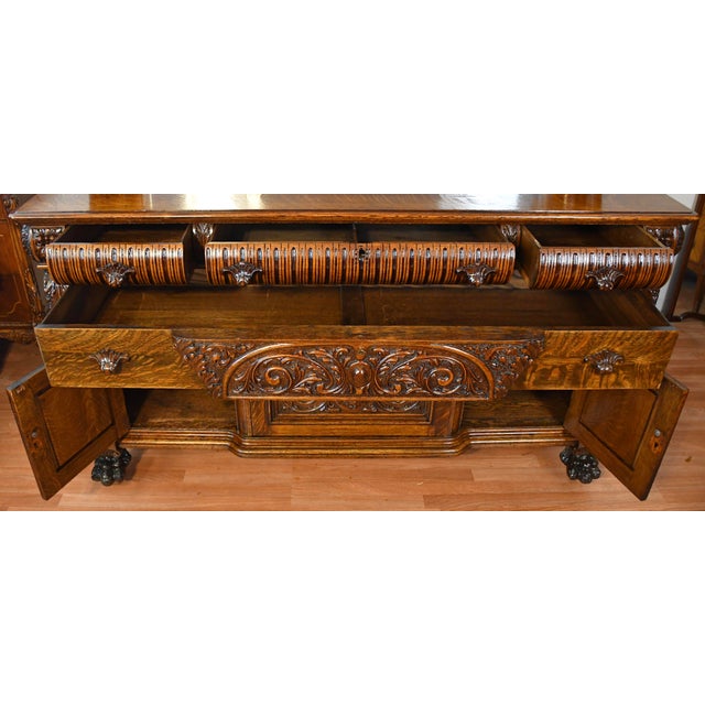 1890s Antique Rj Horner Tiger Oak Carved Winged Griffin Server Buffet Sideboard For Sale - Image 10 of 17